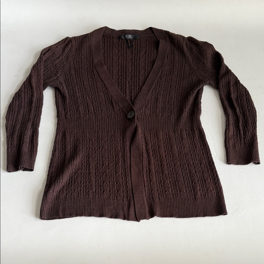 BCBG Paris Chocolate Brown One Button lightweight 3/4 length sleeve Cardigan M